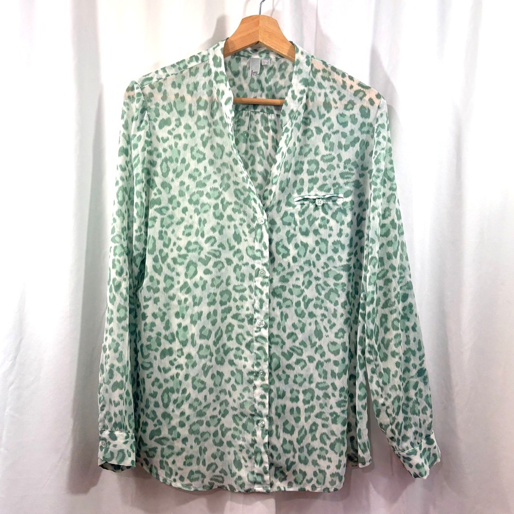 KUT from the Kloth Sage Green Leopard Print Roll Tab Blouse Sheer Career- Size M